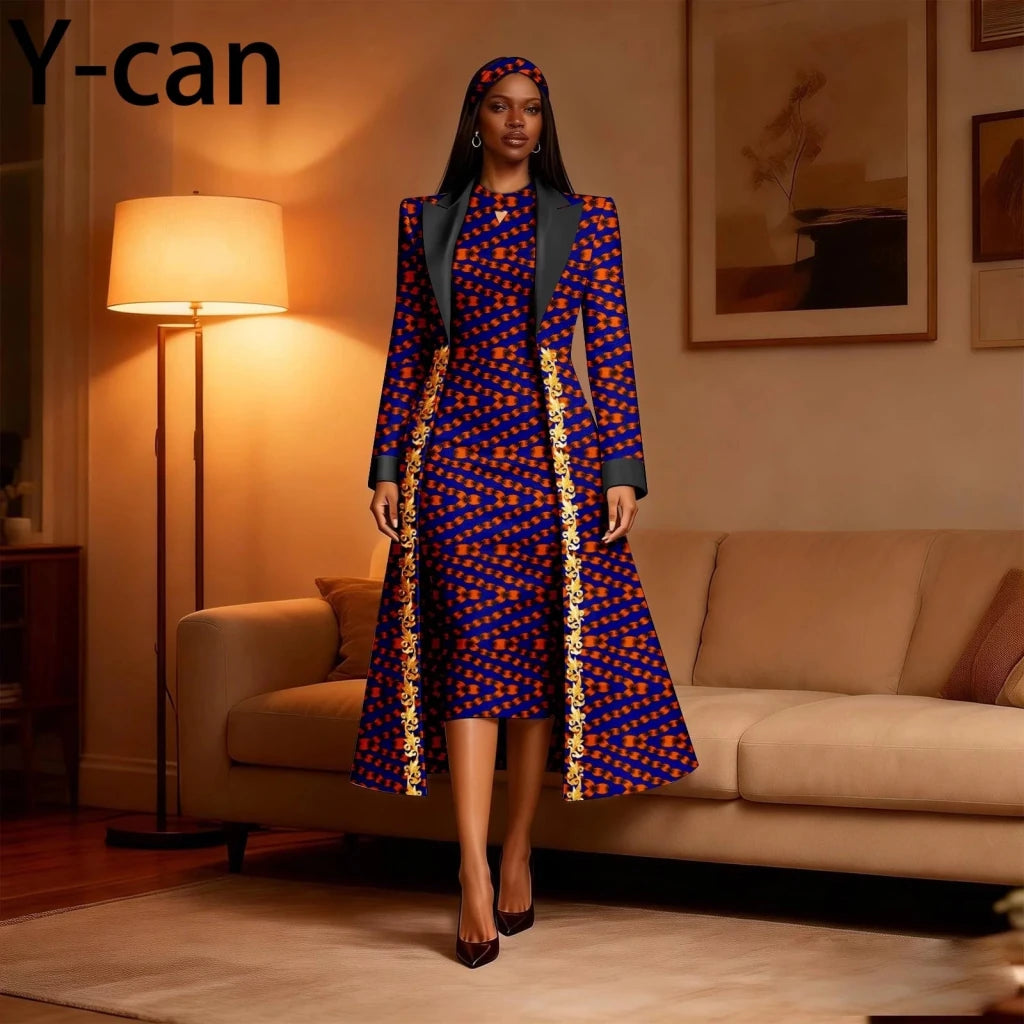 Women 3PCS African Ankara Print Outfit Long Blazer Sleeveless Midi Dress Matching Headwrap Dashiki Formal Party Suit 2626034 - Free Delivery Worldwide only at Flexi Africa