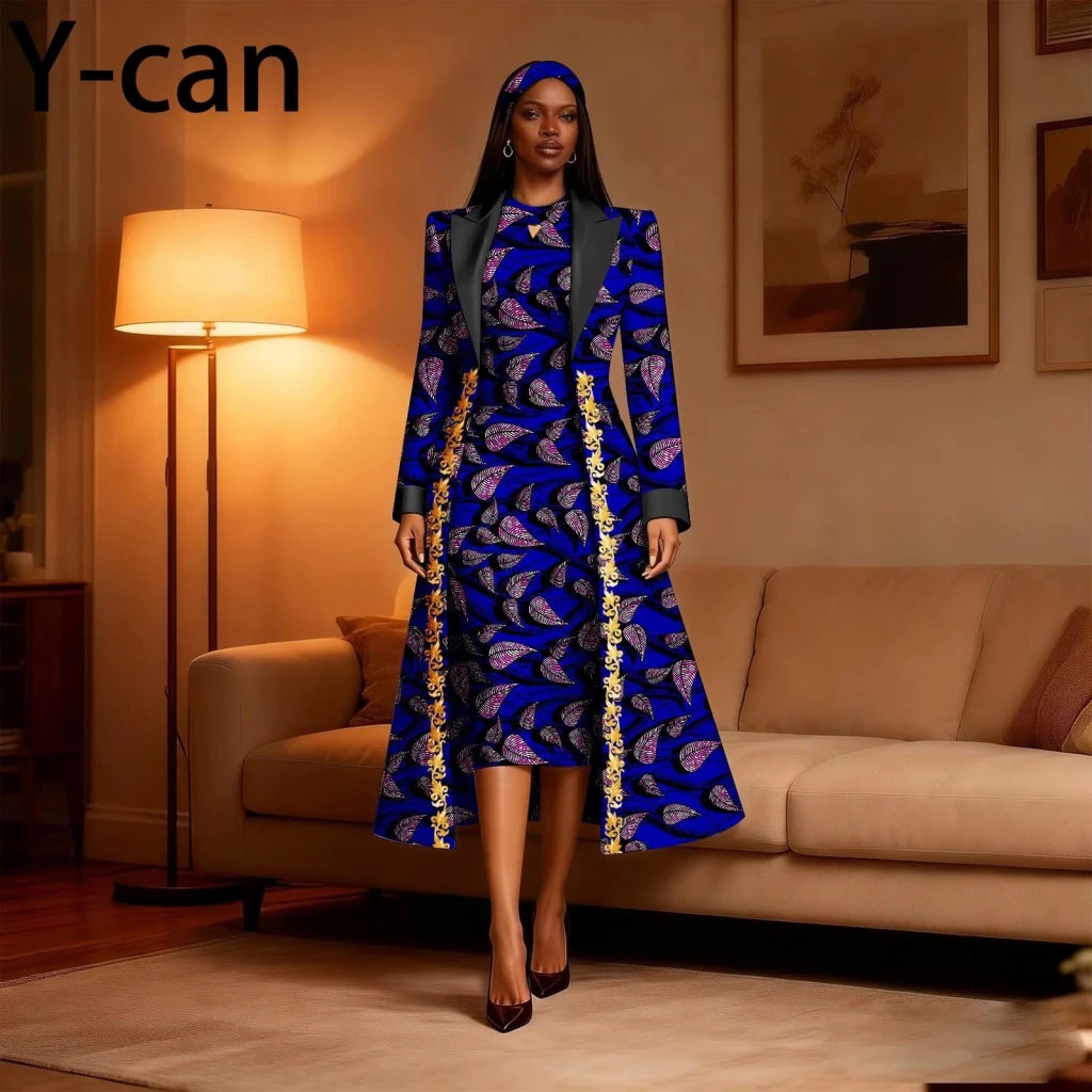 Women 3PCS African Ankara Print Outfit Long Blazer Sleeveless Midi Dress Matching Headwrap Dashiki Formal Party Suit 2626034 - Free Delivery Worldwide only at Flexi Africa