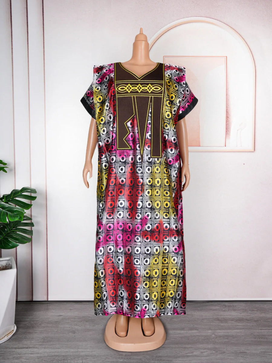 Women African Dresses Embroidery Short Sleeve V Neck Party Dress Print Vestidos Loose Fit Floor Length Spliced Slight Strech - Free Delivery Worldwide only at Flexi Africa
