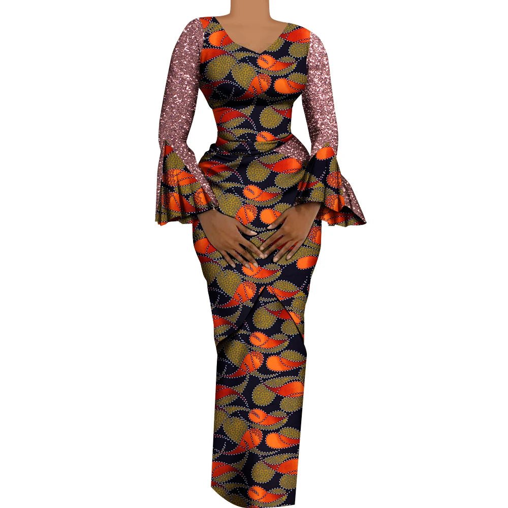 Women's African Outfits 2 Pieces Set Shiny Flare Sleeves V Neck Tops and Long Pencil Skirts African Clothes for Women