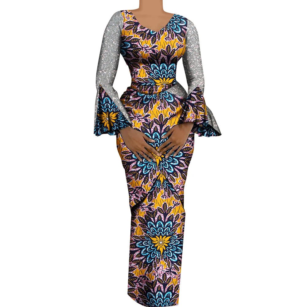 Women's African Outfits 2 Pieces Set Shiny Flare Sleeves V Neck Tops and Long Pencil Skirts African Clothes for Women
