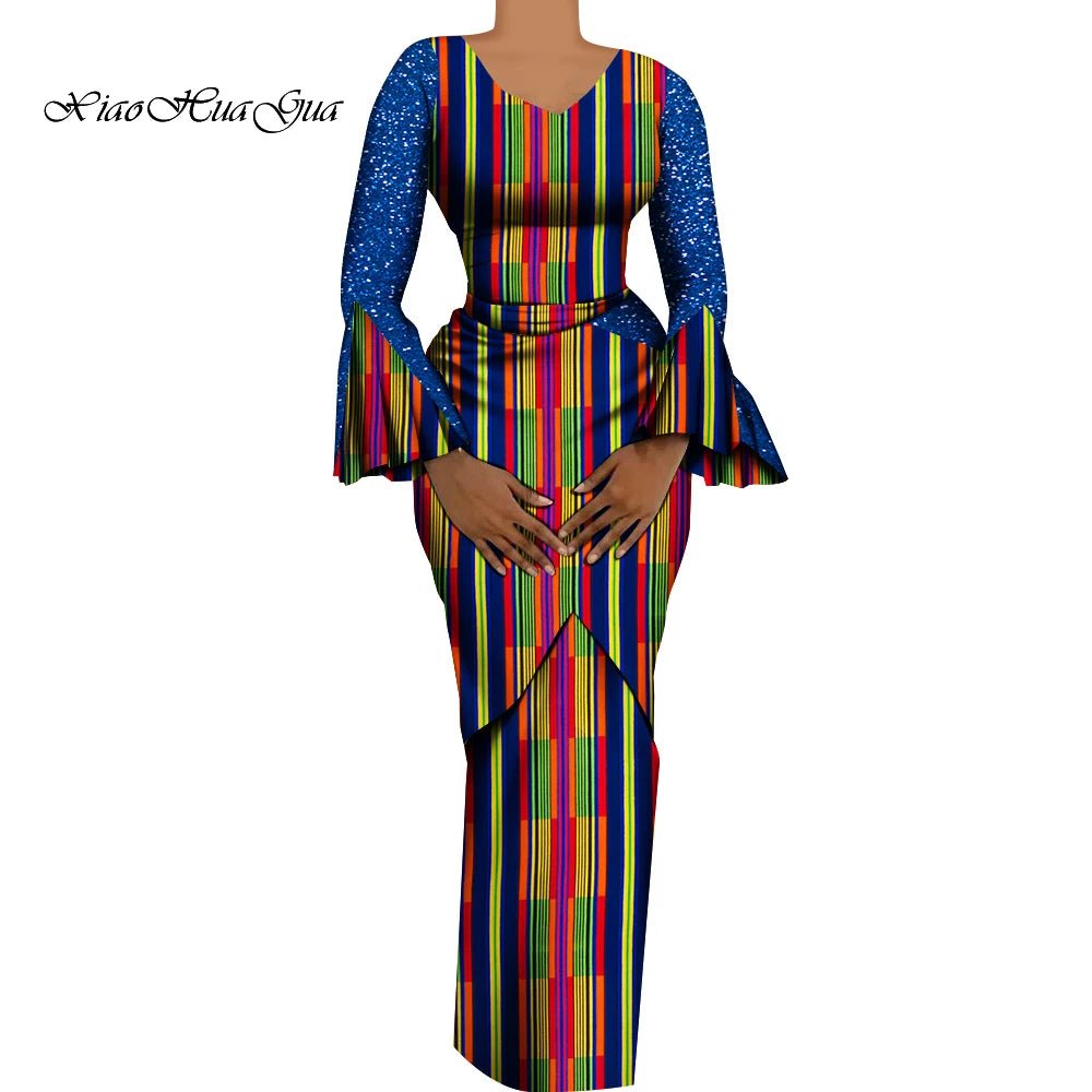Women's African Outfits 2 Pieces Set Shiny Flare Sleeves V Neck Tops and Long Pencil Skirts African Clothes for Women