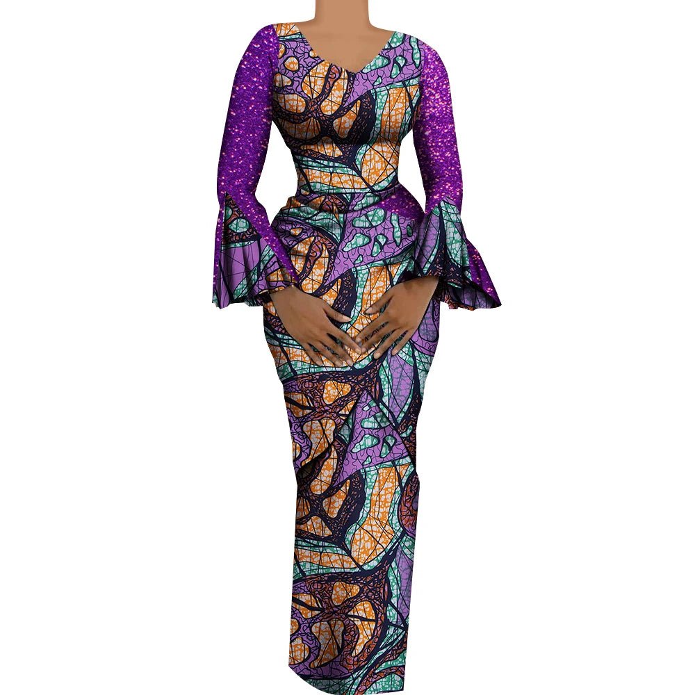 Women's African Outfits 2 Pieces Set Shiny Flare Sleeves V Neck Tops and Long Pencil Skirts African Clothes for Women
