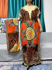 Women Print Appliques Cotton Traditional Kanga Clothing Loose Femme Robe African Nigeria Dresses With Turban - Flexi Africa