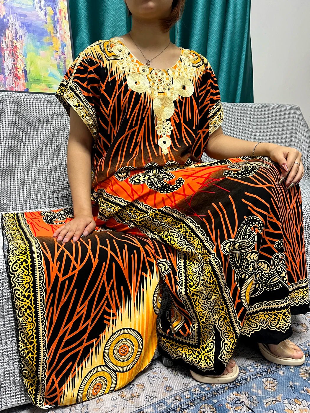 Women Print Appliques Cotton Traditional Kanga Clothing Loose Femme Robe African Nigeria Dresses With Turban - Flexi Africa
