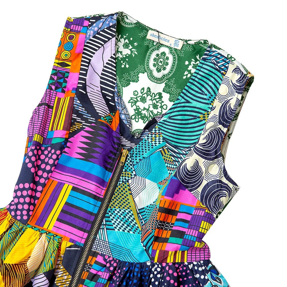 Women’s African Ankara Dress – V Neck Patchwork Print Knee Length Elegant Fashion Dress - Free Delivery Worldwide only at Flexi Africa