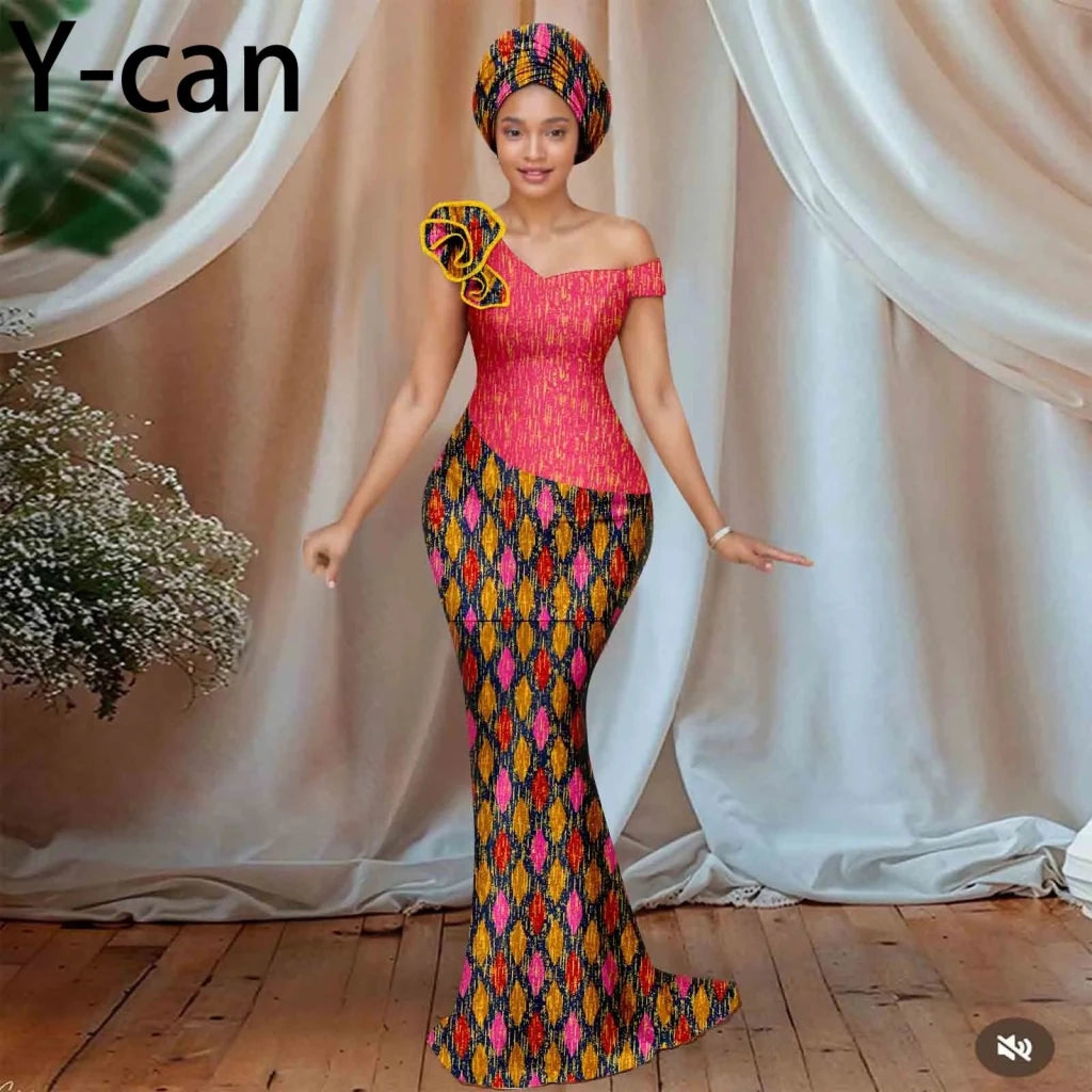 Women’s African Ankara Floral Gown – One - Shoulder Sexy Party Dress with Matching Headscarf - Free Delivery Worldwide only at Flexi Africa