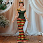 Women’s African Ankara Floral Gown – One - Shoulder Sexy Party Dress with Matching Headscarf - Free Delivery Worldwide only at Flexi Africa