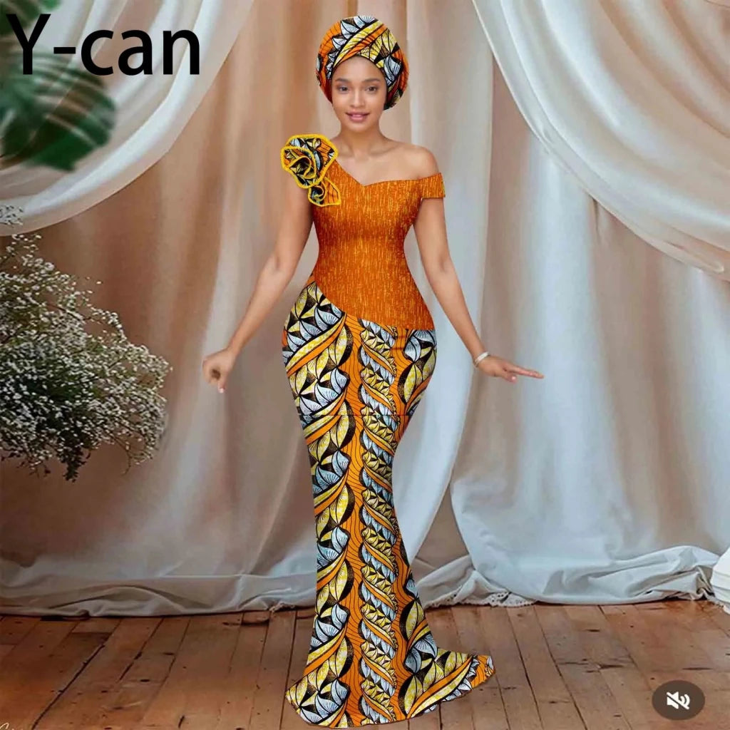 Women’s African Ankara Floral Gown – One - Shoulder Sexy Party Dress with Matching Headscarf - Free Delivery Worldwide only at Flexi Africa