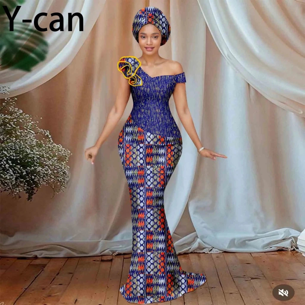 Women’s African Ankara Floral Gown – One - Shoulder Sexy Party Dress with Matching Headscarf - Free Delivery Worldwide only at Flexi Africa