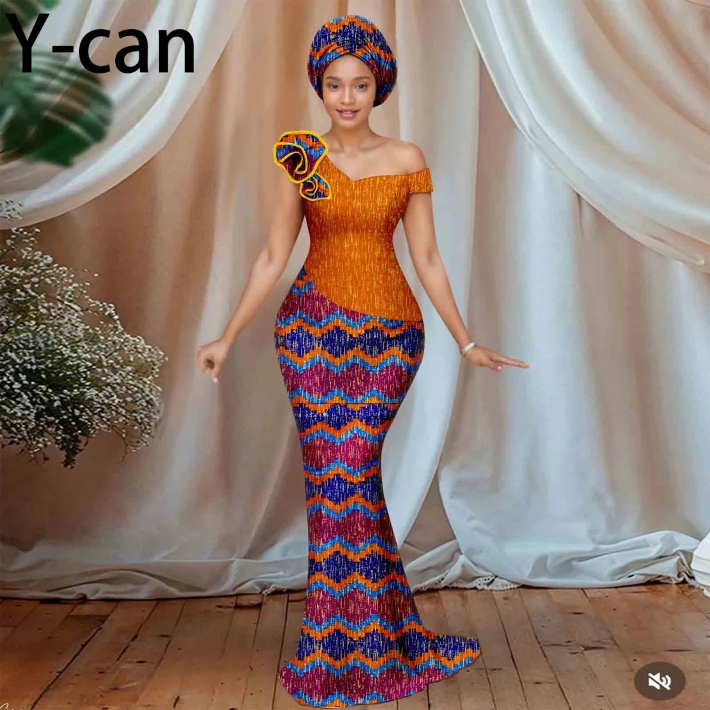 Women’s African Ankara Floral Gown – One - Shoulder Sexy Party Dress with Matching Headscarf - Free Delivery Worldwide only at Flexi Africa