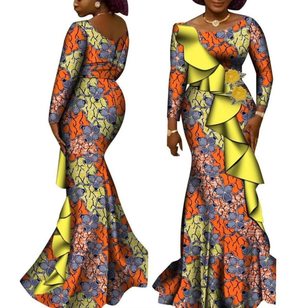 Women’s African Ankara Long Sleeve Dress – Cotton Dashiki Wedding Gown - Free Delivery Worldwide only at Flexi Africa