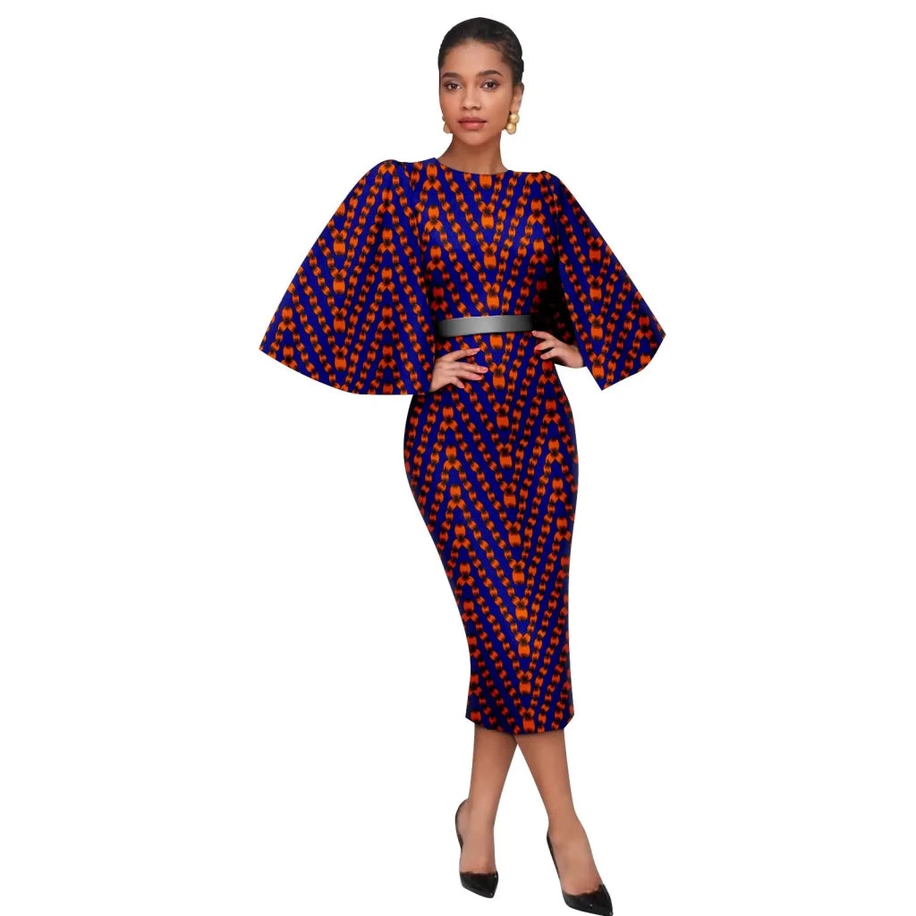 Women’s African Ankara Print Dress – Elegant Shawl Sleeve Belted Midi Dress with Back Split - Free Delivery Worldwide only at Flexi Africa
