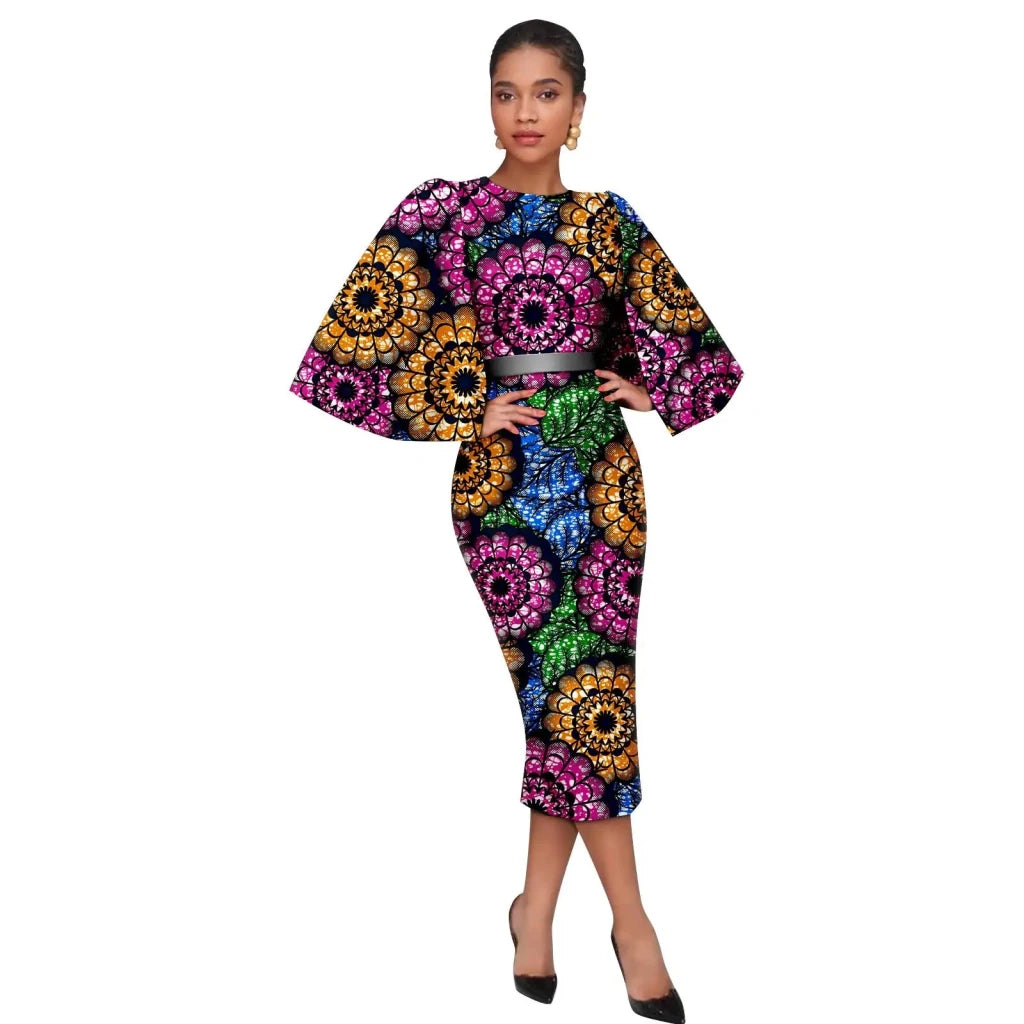 Women’s African Ankara Print Dress – Elegant Shawl Sleeve Belted Midi Dress with Back Split - Free Delivery Worldwide only at Flexi Africa