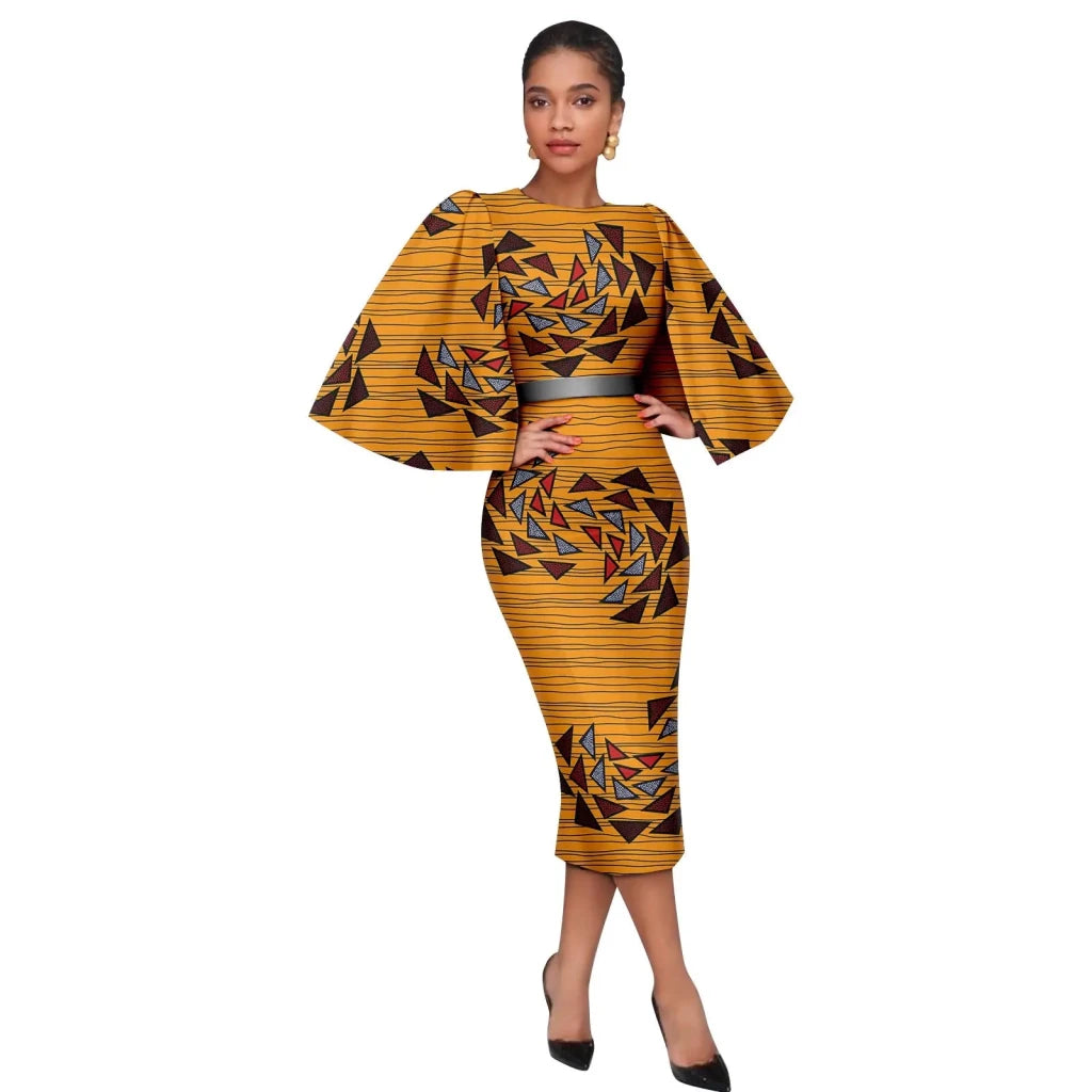 Women’s African Ankara Print Dress – Elegant Shawl Sleeve Belted Midi Dress with Back Split - Free Delivery Worldwide only at Flexi Africa