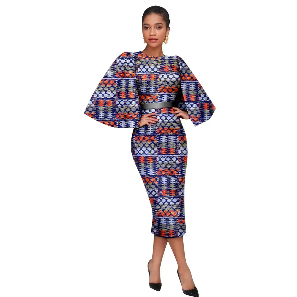 Women’s African Ankara Print Dress – Elegant Shawl Sleeve Belted Midi Dress with Back Split - Free Delivery Worldwide only at Flexi Africa