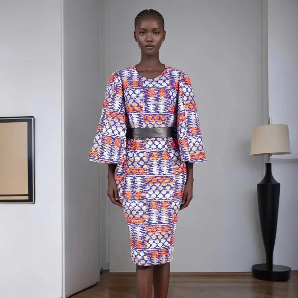 Women’s African Ankara Print Dress – Elegant Shawl Sleeve Belted Midi Dress with Back Split - Free Delivery Worldwide only at Flexi Africa