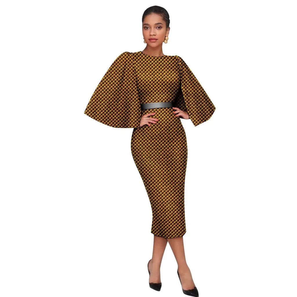 Women’s African Ankara Print Dress – Elegant Shawl Sleeve Belted Midi Dress with Back Split - Free Delivery Worldwide only at Flexi Africa