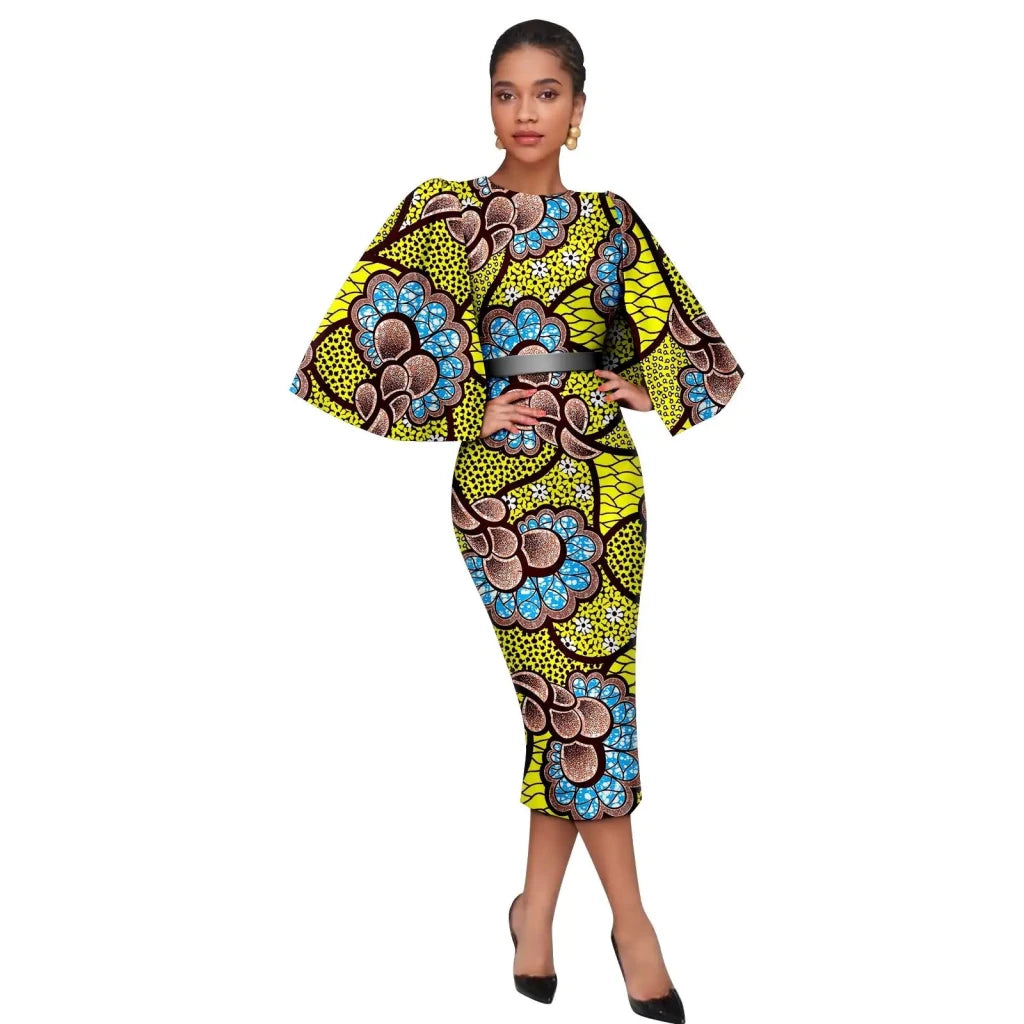 Women’s African Ankara Print Dress – Elegant Shawl Sleeve Belted Midi Dress with Back Split - Free Delivery Worldwide only at Flexi Africa