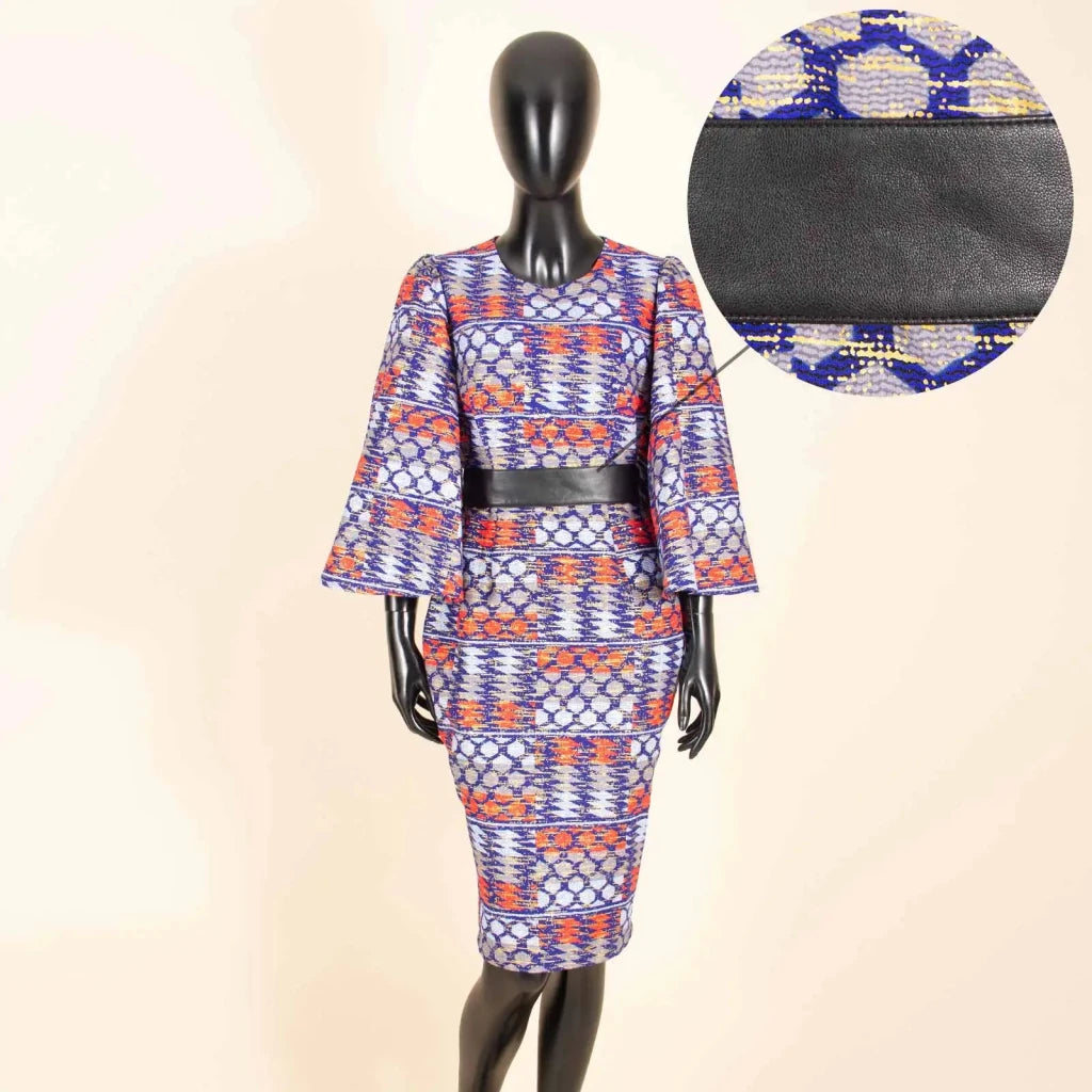 Women’s African Ankara Print Dress – Elegant Shawl Sleeve Belted Midi Dress with Back Split - Free Delivery Worldwide only at Flexi Africa