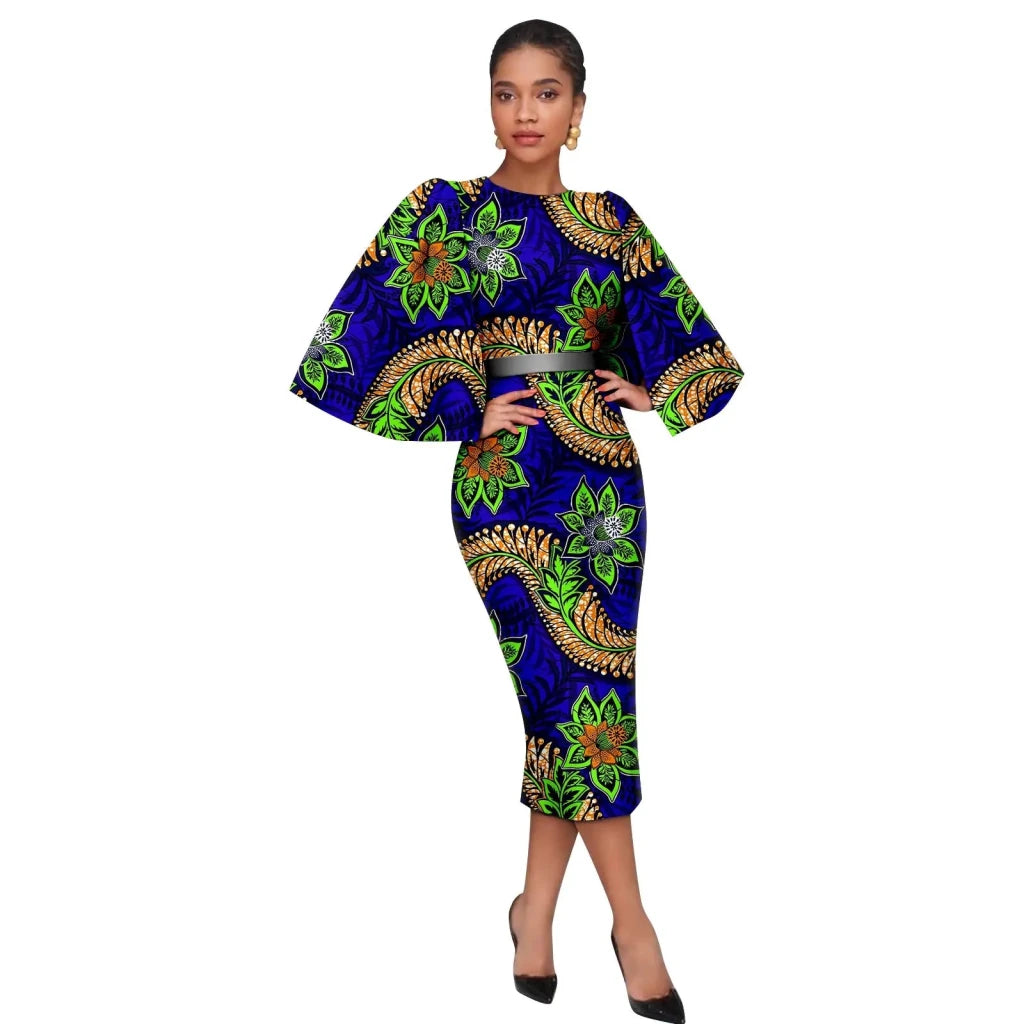 Women’s African Ankara Print Dress – Elegant Shawl Sleeve Belted Midi Dress with Back Split - Free Delivery Worldwide only at Flexi Africa