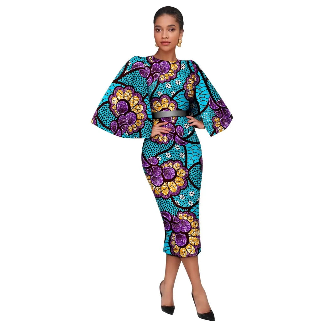 Women’s African Ankara Print Dress – Elegant Shawl Sleeve Belted Midi Dress with Back Split - Free Delivery Worldwide only at Flexi Africa