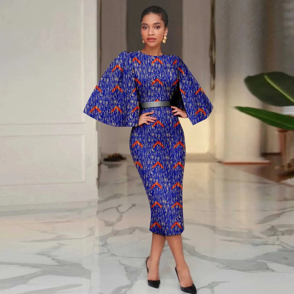 Women’s African Ankara Print Dress – Elegant Shawl Sleeve Belted Midi Dress with Back Split - Free Delivery Worldwide only at Flexi Africa