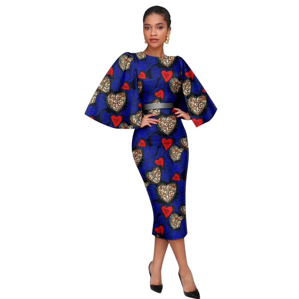 Women’s African Ankara Print Dress – Elegant Shawl Sleeve Belted Midi Dress with Back Split - Free Delivery Worldwide only at Flexi Africa
