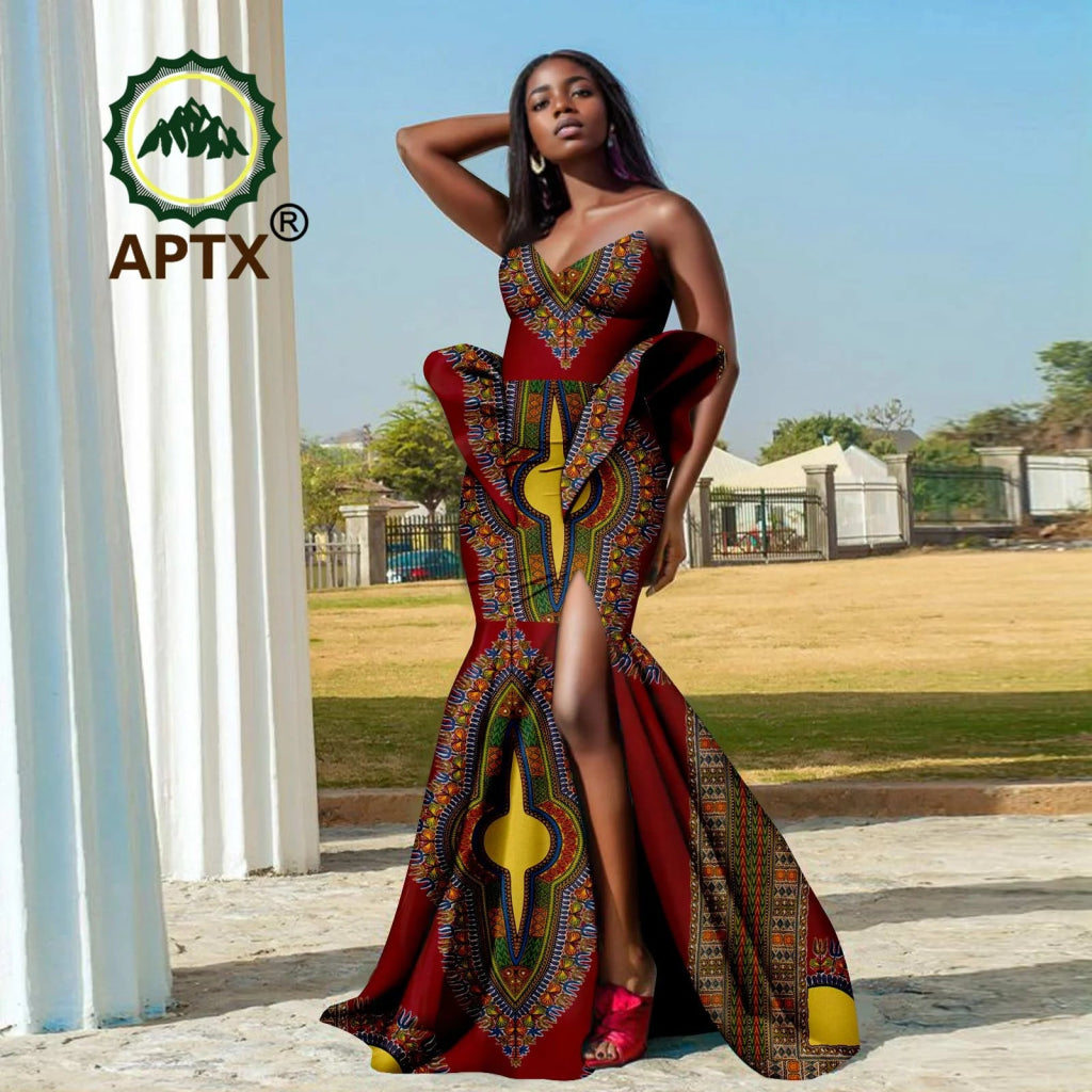 Women’s African Ankara Strapless Dress – Elegant High - Waist Slit Dashiki Party Gown - Free Delivery Worldwide only at Flexi Africa