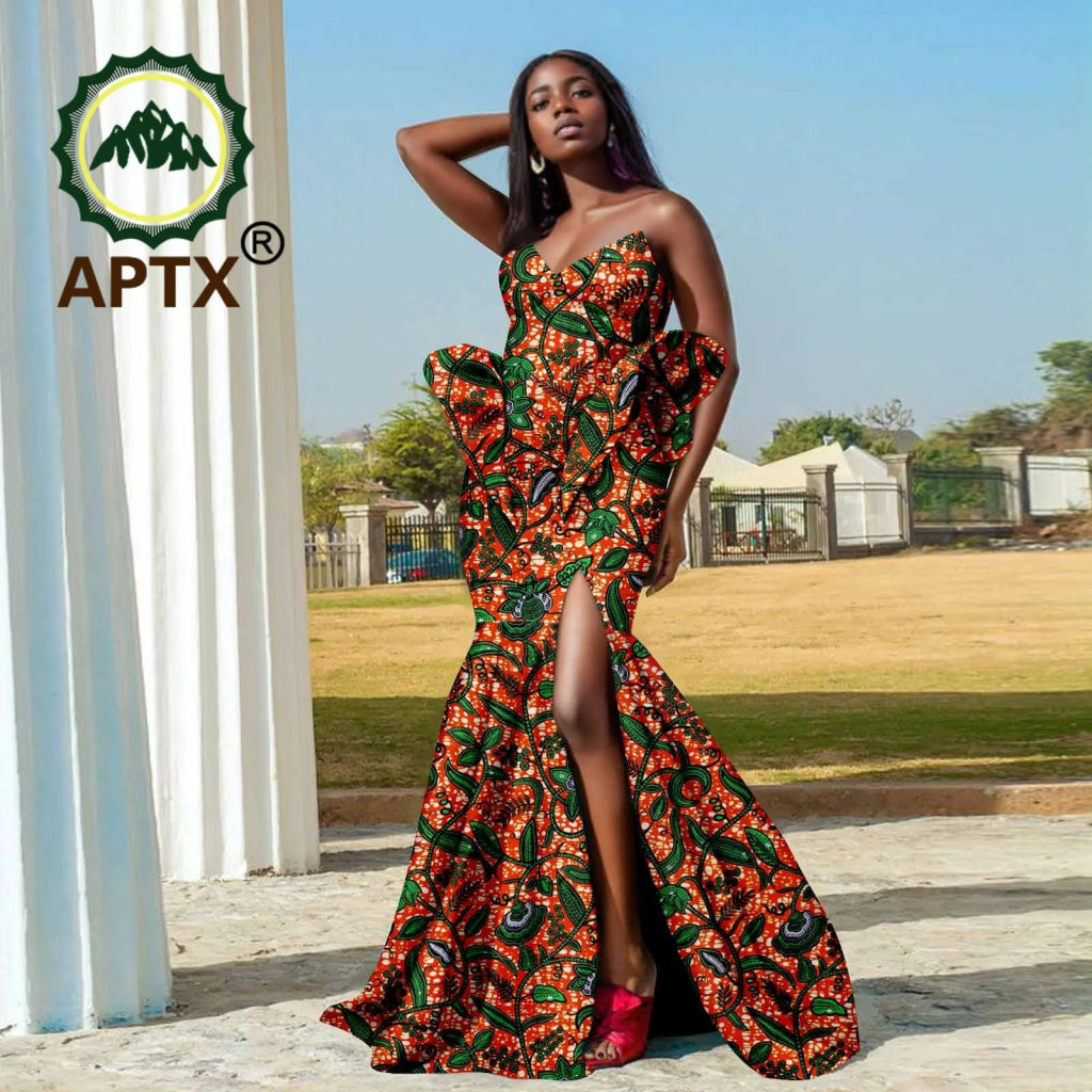 African Ankara Strapless High-Waist Dashiki Party Gown