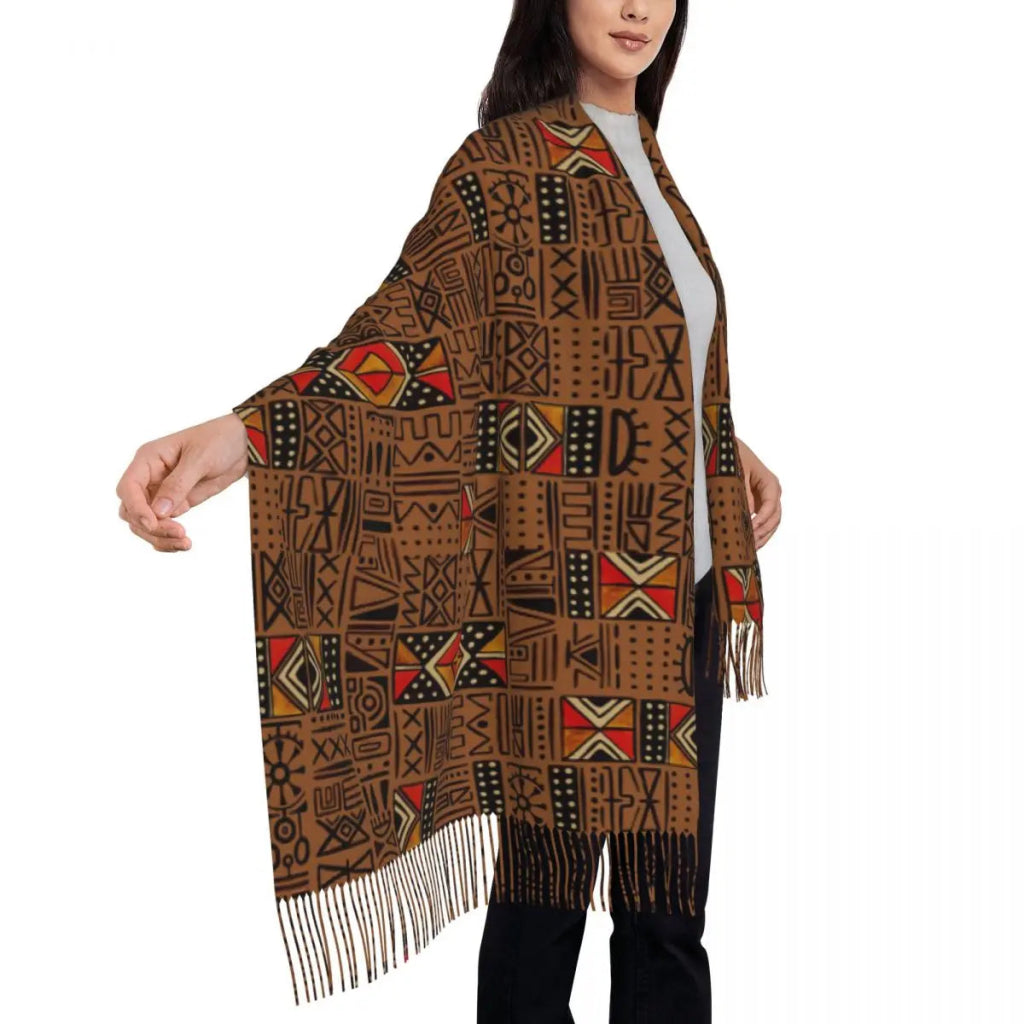 Women’s African Bogolan Tassel Shawl – Warm Tribal Art Scarf & Winter Wrap - Free Delivery Worldwide only at Flexi Africa