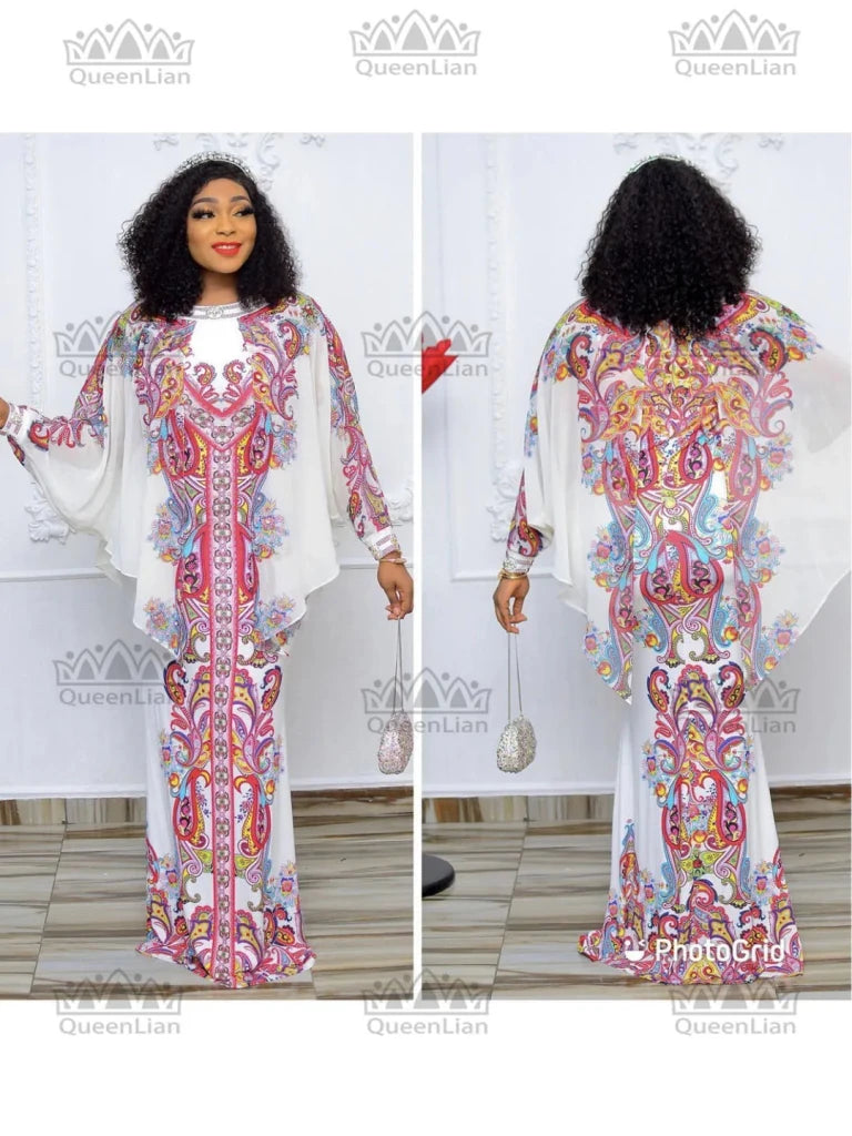 Women’s African Chiffon Maxi Dress – Batwing Sleeve Summer Dress with Diamond Print Design - Free Delivery Worldwide only at Flexi Africa