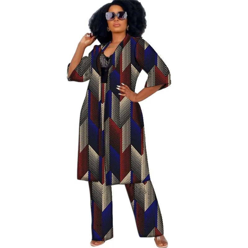 Women’s African Couture Trench Set – Collarless 3/4 Sleeve Print Windbreaker Cardigan with Pants - Free Delivery Worldwide only at Flexi Africa