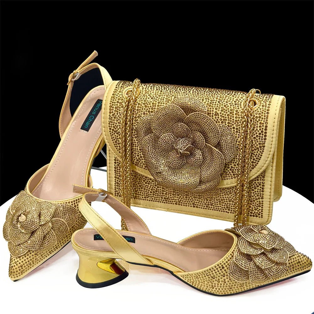 Women's African Evening Shoes & Bag Set – Rhinestone Peep-Toe Pumps