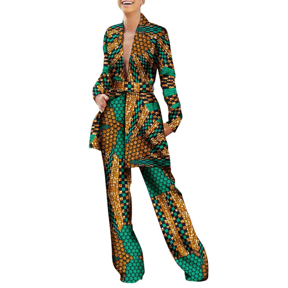 Women’s African Fashion Outfit – Ankara Trench Coat and Long Pants Set - Free Delivery Worldwide only at Flexi Africa