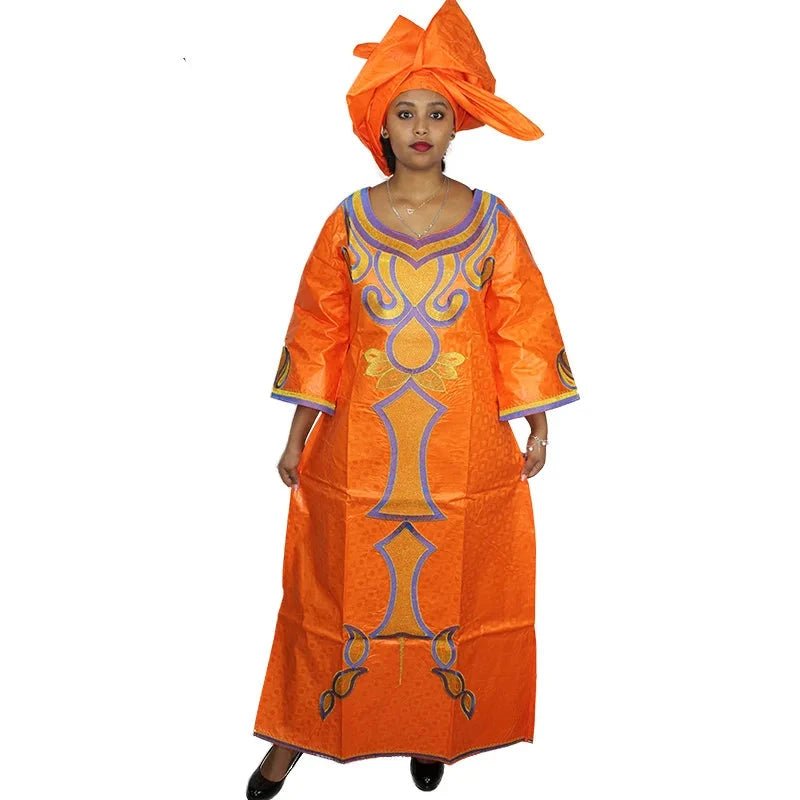 Women's African Fashion Set – Bazin Riche Embroidered Long Dress - Free Delivery Worldwide only at Flexi Africa