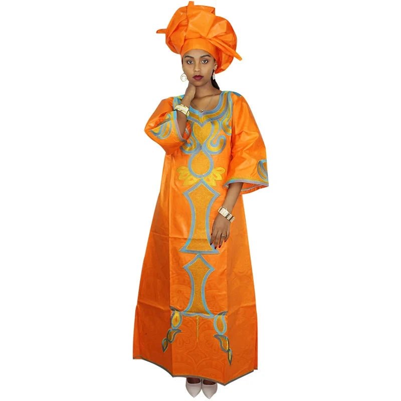 Women's African Fashion Set – Bazin Riche Embroidered Long Dress - Free Delivery Worldwide only at Flexi Africa