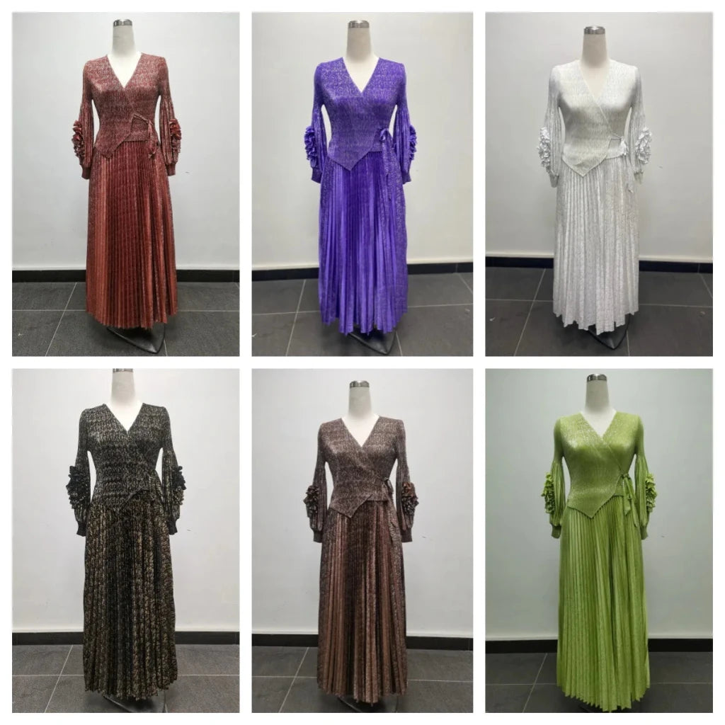 Women’s African - Inspired Pleated V - Neck Dress – Elegant Loose Fit Floral Bronzed Midi Gown - Free Delivery Worldwide only at Flexi Africa