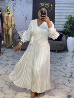 Women’s African - Inspired Pleated V - Neck Dress – Elegant Loose Fit Floral Bronzed Midi Gown - Free Delivery Worldwide only at Flexi Africa