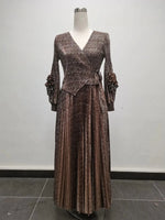 Women’s African - Inspired Pleated V - Neck Dress – Elegant Loose Fit Floral Bronzed Midi Gown - Free Delivery Worldwide only at Flexi Africa