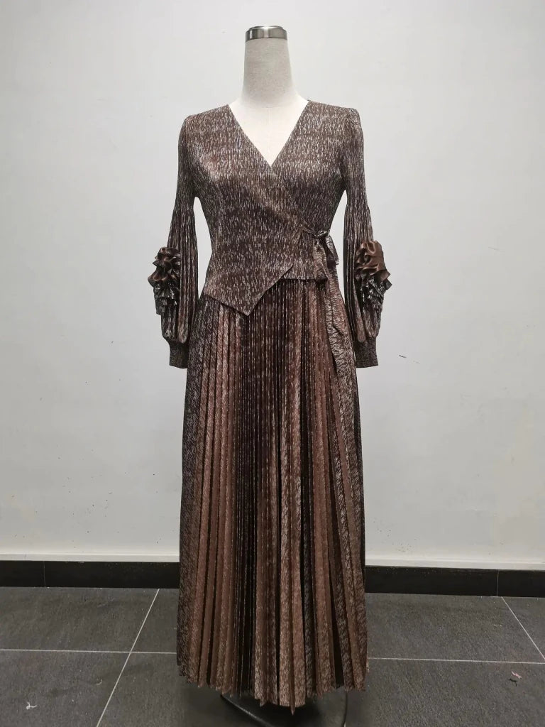 Women’s African - Inspired Pleated V - Neck Dress – Elegant Loose Fit Floral Bronzed Midi Gown - Free Delivery Worldwide only at Flexi Africa