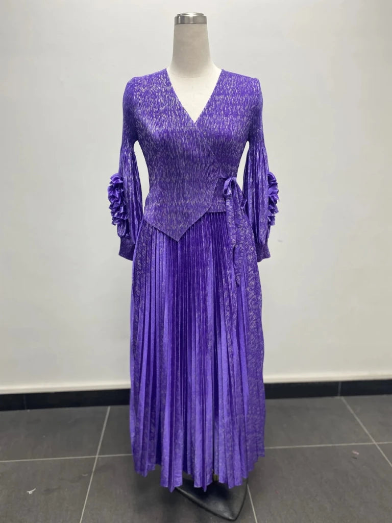 Women’s African - Inspired Pleated V - Neck Dress – Elegant Loose Fit Floral Bronzed Midi Gown - Free Delivery Worldwide only at Flexi Africa