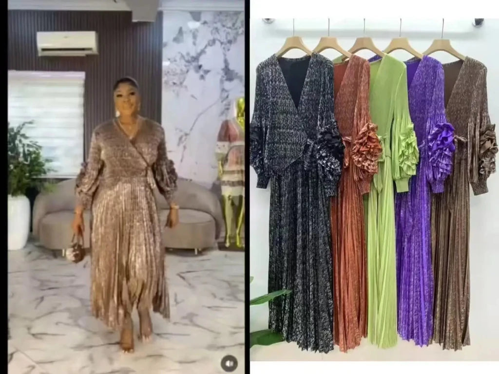 Women’s African - Inspired Pleated V - Neck Dress – Elegant Loose Fit Floral Bronzed Midi Gown - Free Delivery Worldwide only at Flexi Africa