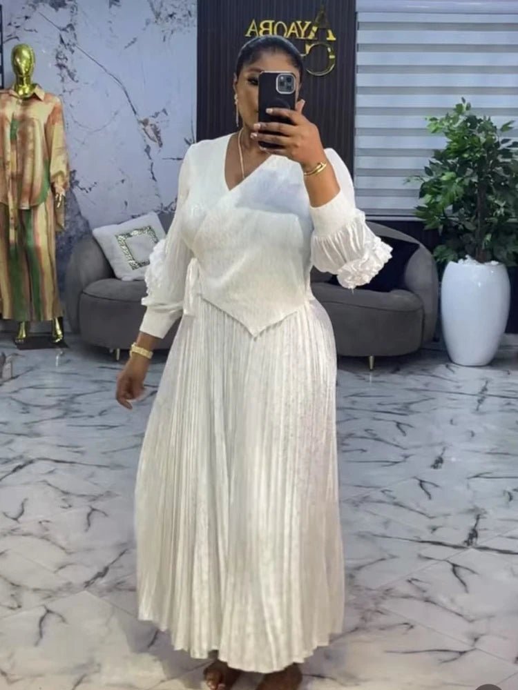 Women’s African - Inspired Pleated V - Neck Dress – Elegant Loose Fit Floral Bronzed Midi Gown - Free Delivery Worldwide only at Flexi Africa