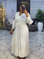Women’s African - Inspired Pleated V - Neck Dress – Elegant Loose Fit Floral Bronzed Midi Gown - Free Delivery Worldwide only at Flexi Africa
