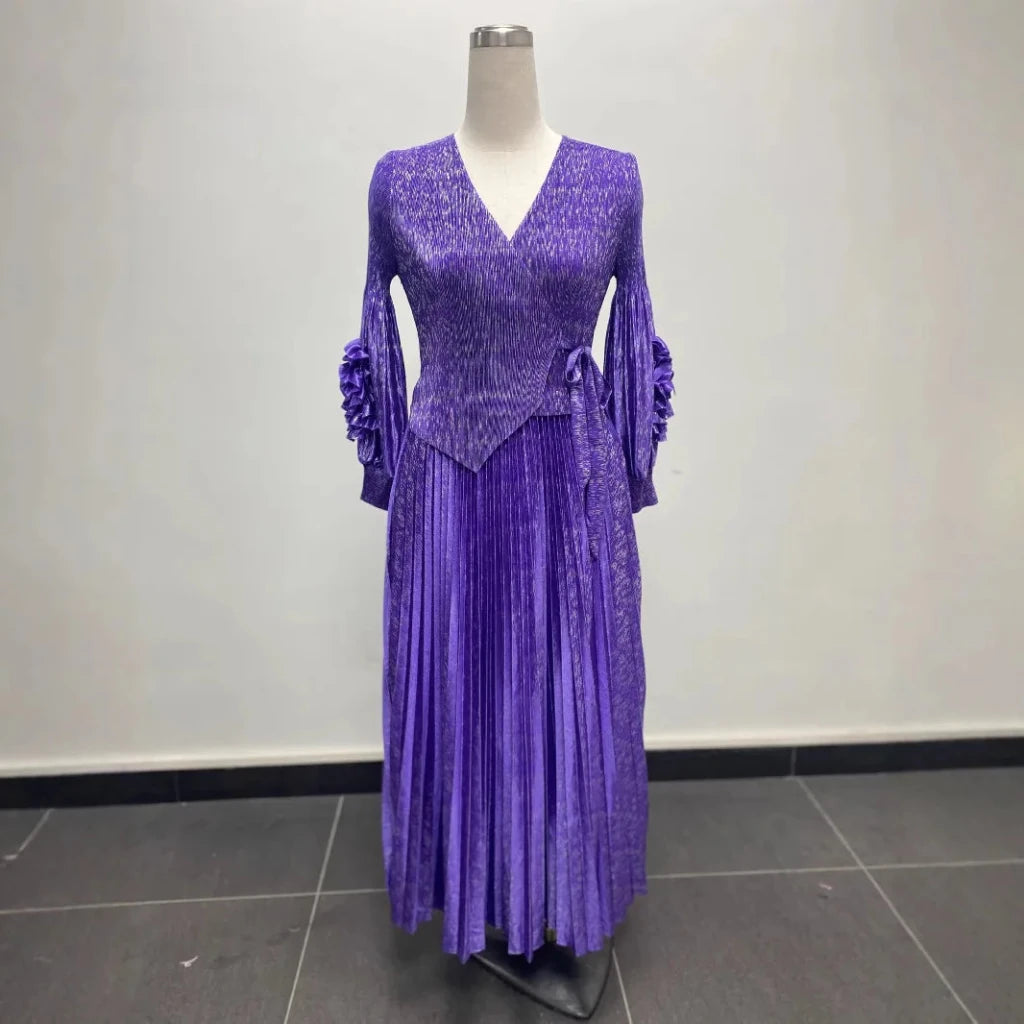 Women’s African - Inspired Pleated V - Neck Dress – Elegant Loose Fit Floral Bronzed Midi Gown - Free Delivery Worldwide only at Flexi Africa