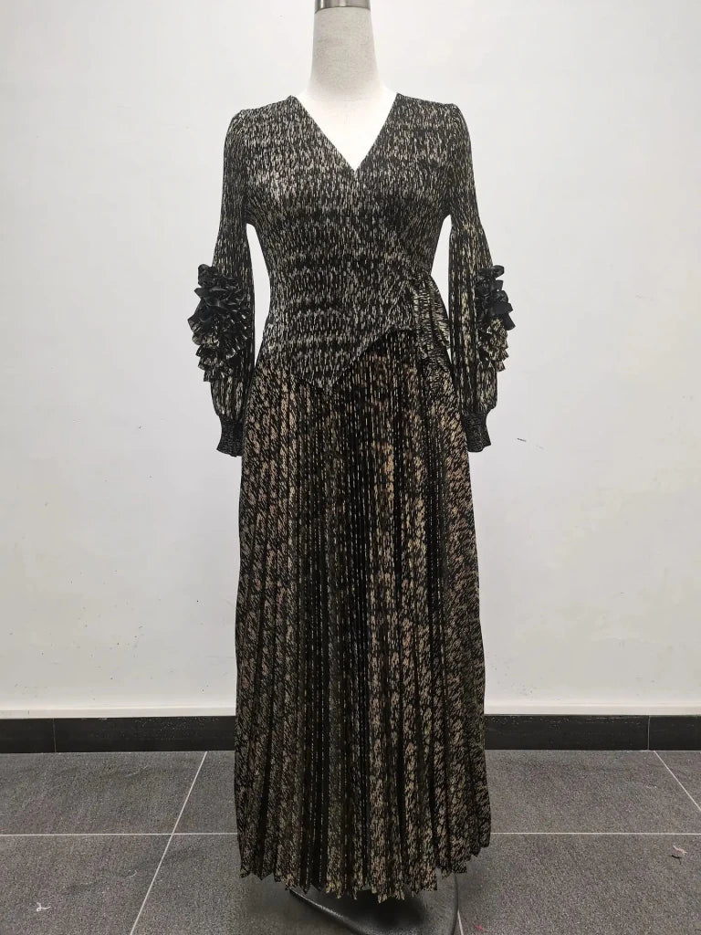 Women’s African - Inspired Pleated V - Neck Dress – Elegant Loose Fit Floral Bronzed Midi Gown - Free Delivery Worldwide only at Flexi Africa