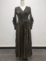 Women’s African - Inspired Pleated V - Neck Dress – Elegant Loose Fit Floral Bronzed Midi Gown - Free Delivery Worldwide only at Flexi Africa