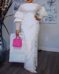 Women's African Maxi Dress in White - Long Sleeve, Plus Size - Flexi Africa - Free Delivery Worldwide at www.flexiafrica.com