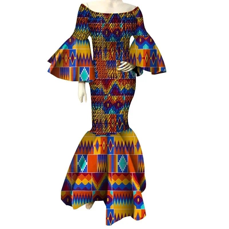 green emerald velvet dress Women’s African Print Ankara Long Dress – Stretch Fit with Ruffle Sleeves